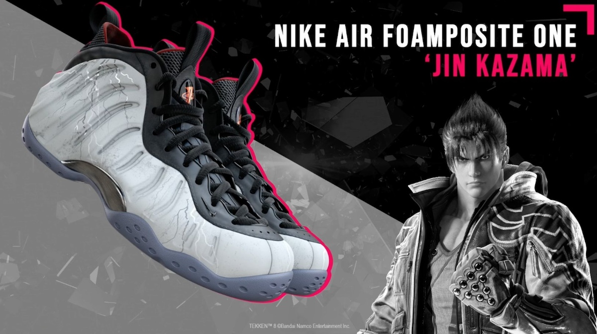 Jin Kazama Edition Nike Air Foamposite One - Design épuré en blanc avec accents cyan